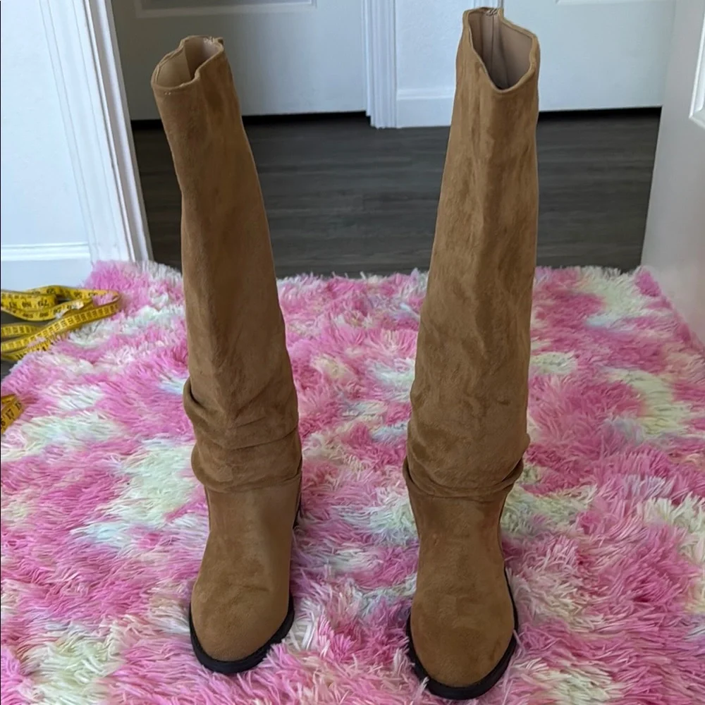 Tan Suede Over the Knee Boots with Streamlined Silhouette‎